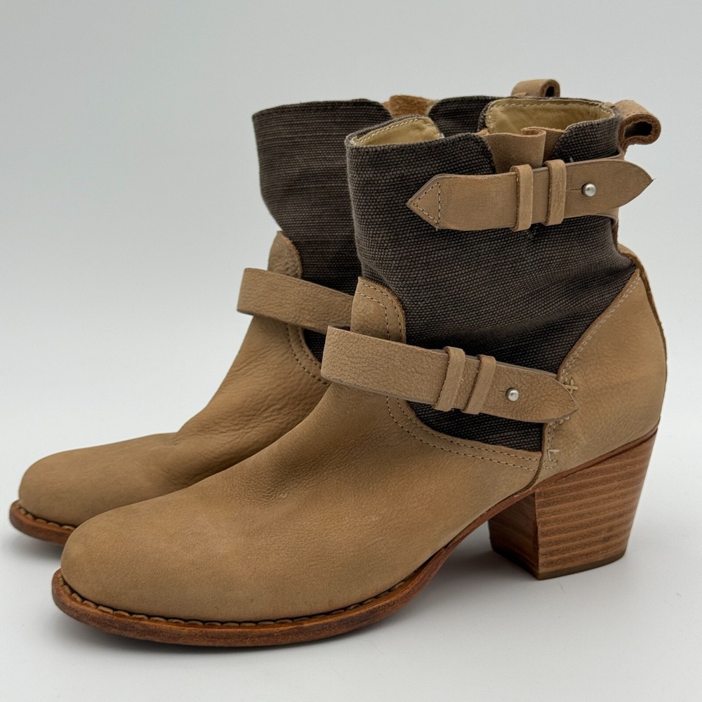 Rag & Bone Bootie‎ Womens 8.5 Tan Moto Boho Leather Canvas Ankle Hand Made Shoes